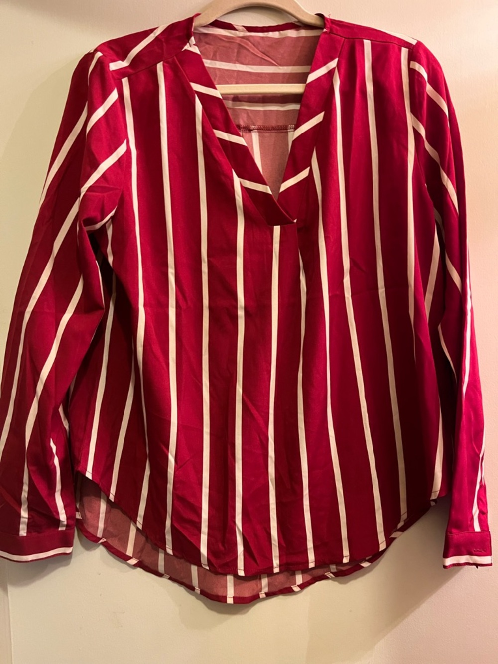 Women's Red & White Striped V-Neck Blouse